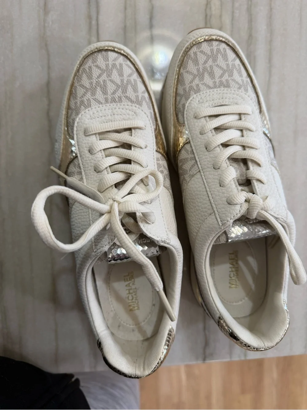 Michael Kors Cream Logo Low-Top Sneakers with Gold Accents